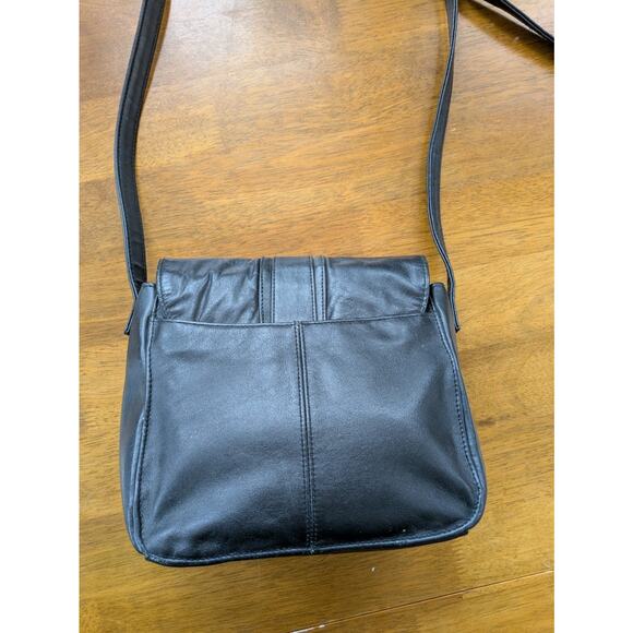 Black Leather Crossbody Bag Gold Wishbone Clasp Vintage Adjustable Antonia - Picture 4 of 8